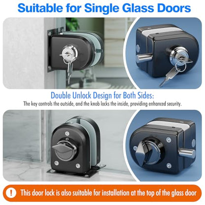 Ranbo No-Drill Glass Door Lock with Key, Lock to Wall or Floor, Dual-Bolt - color: LE-30A Brushed Black