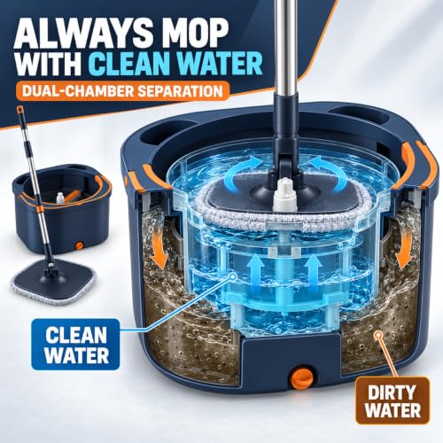 Spin Mop and Bucket Set, Mop Bucket with Separate Dirty/Clean Water System
