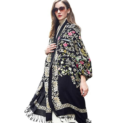 DANA XU 100% Merino Wool Extra Large Pashmina Shawl for Women - color: Black Floral Print