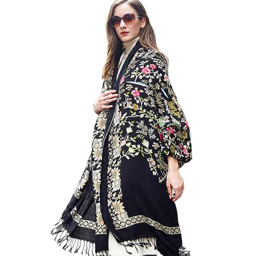DANA XU 100% Merino Wool Extra Large Pashmina Shawl for Women - color: Black Floral Print