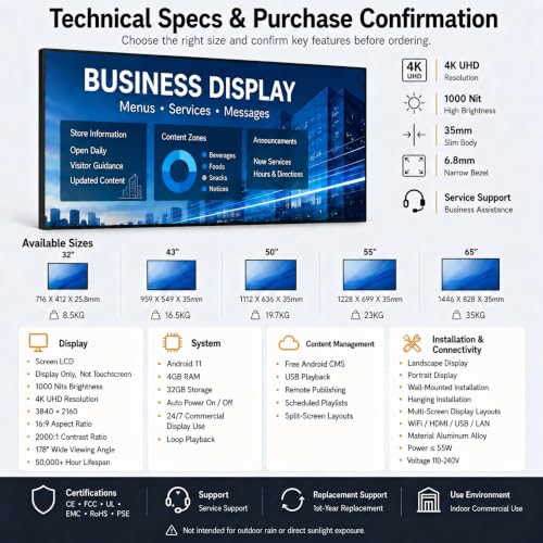 32" Wall-Mounted Digital Signage Display, 4K Menu Board - size: 32 Inch