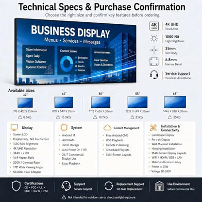 55" Wall-Mounted Digital Signage Display, 4K Menu Board - size: 55 Inch