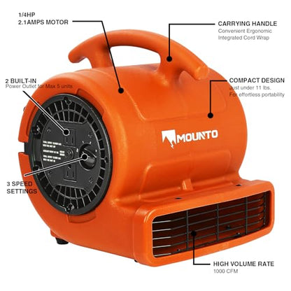 MOUNTO 1/4hp 1000CFM 2 Speed Air Mover Carpet Dryer Floor Fan Cooling Fan (Orange) - color: Orange