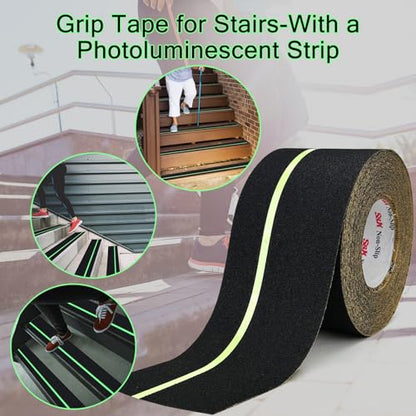 S&X Anti Slip Tape 4in x 60ft Grip Tape for Stairs Ramps, Glow-in-the-Dark - color: Black/Glow-in-the-Dark, size: 4" X 60'