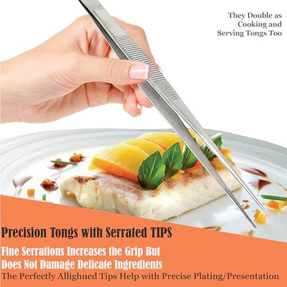 Professional Culinary Stainless Steel Precision Tongs with Serrated Tips, Plating/Food Presentation Detailing Serving Tongs, Chef's Kitchen Tweezer Tongs - Ultra Non-Slip Grip (8" STR Slim) - size: 8" Straight Slim