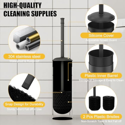 BESy Toilet Brush and Holder, Toilet Cleaner Bowl Set with Two Brush with Extra Long Handle, Durable Bristles Toilet Scrubber and Covered Holder, Drip-Proof Stainless Steel Matte Black - color: Matte Black