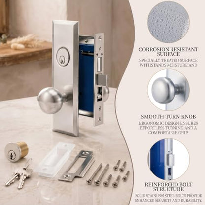 Tandefio 1 Set Mortise Lock with 2-1/2" Backset, Right Hand, Silver - style: Right Hand