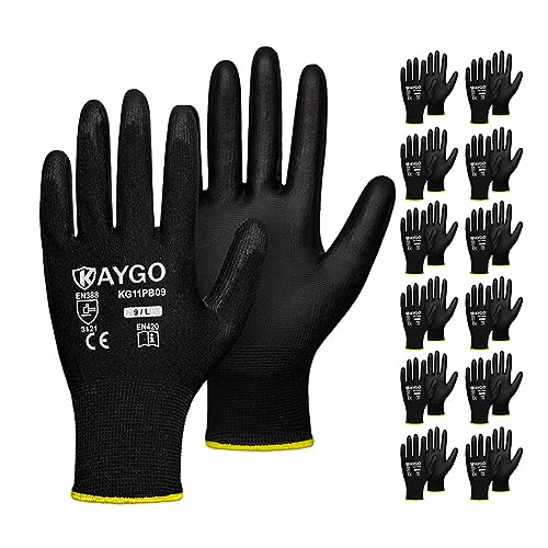 KAYGO Safety Work Gloves for Men Women, PU Coated Palm & Fingers, KG11P - color: Black, size: Large