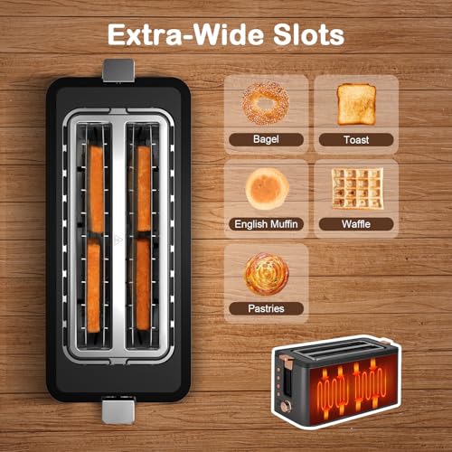 Mecity 4 Slice Toaster, Long Slot Toaster with Timer, Bagel, Defrost, Reheat, Cancel Functions, Warming Rack, Removable Tray, 6 Browning Settings, Extra Wide Slots, Stainless Steel, 1300W - size: 2 Long Slots