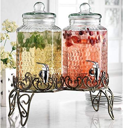 Glass Beverage Dispenser with Classy Metal Stand (Set of 2), 1.Gallon Glass Drink Dispenser with 100% Leak Proof Spigot, Party Drink Dispenser for Lemonade, Punch, Water, Juice for Parties - color: 1 Gallon 2 Pack