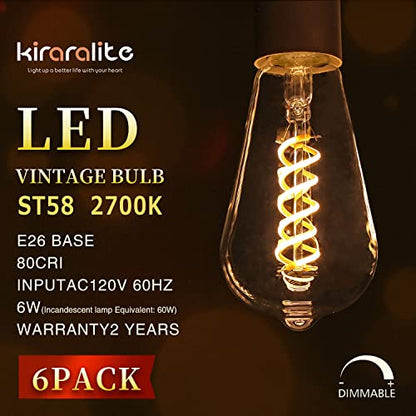 6 Pack ST19 ST58 Edison Bulb, Vintage LED Filament Bulb,Softy White 2700K, Antique Flexible Spiral LED Filament Light Bulb, Dimmable 600LM, 6W Equivalent to 60W, E26 Base,Clear Glass