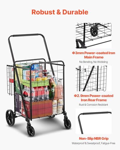 VEVOR Folding Shopping Cart, Jumbo Grocery Utility Cart with Double Baskets, 360° Swivel Wheels, 110 LBS Large Capacity Heavy Duty for Laundry, Shopping, Grocery, Luggage, Black - size: Large