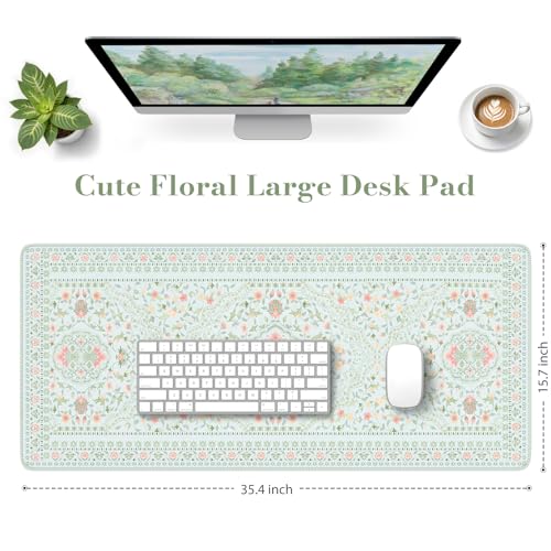 HAOCOO Light Green Floral Desk Pad, 35.4" x 15.7" Mousepad for Home Decor - color: Mint Green, size: 35.4" x 15.7"