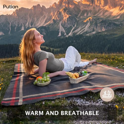 PuTian 100% Wool Blanket - Camping Outdoor Blanket, Plaid Dark Gray - color: Plaid Pattern Dark Gray, size: 63" × 87"