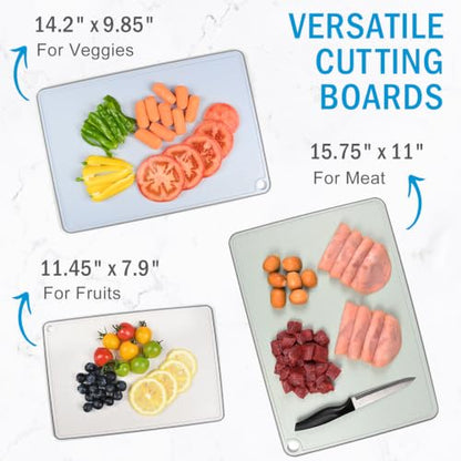 Wheat Fiber Cutting Boards for Kitchen, Plastic Cutting Board Set of 3, Extra Large Usable Area with Non Slip Narrow Edges, Dishwasher Safe, BPA Free, Reversible for Meat, 15.8" x 11", Multicolor