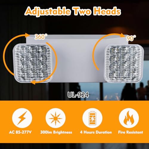 LED Emergency Lights for Business Home Power Failure,4Hours 300lm Automatic Battery Backup,Rechargeable Emergency Exit Lighting Fixtures,Hardwired, UL 924 AC85-277V - color: White, size: Square with L N Wires