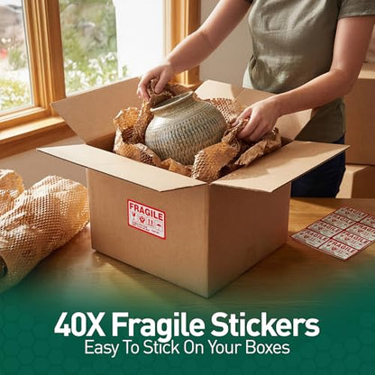 Honeycomb Packing Paper, 15 Inch x 131 FT – Eco-Friendly Recyclable Cushioning Wrap Roll for Moving & Shipping, Bubble Wrap Alternative with Rope, Ribbon & 40 Fragile Stickers - size: 15" x 131'