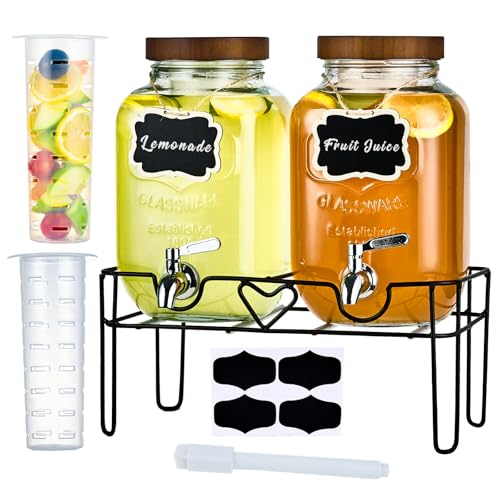 2pack 1Gallon Glass Drink Dispensers for Parties, Beverage Dispenser with Stand and Fruit Infuser, Lemonade Dispenser with Stainless Steel Spigot for Kombucha, Sun Tea, Juices, BBQ, Weddings (Brown) - color: Brown