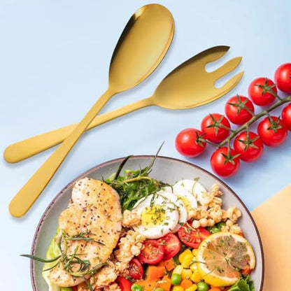 Salad Spoon and Fork Stainless Steel Tong Serving Set, Heavy Duty Smooth Finish Metal Serving Utensils Large Salad Servers for Home Kitchen Party Buffet Supply (Gold) - color: Gold