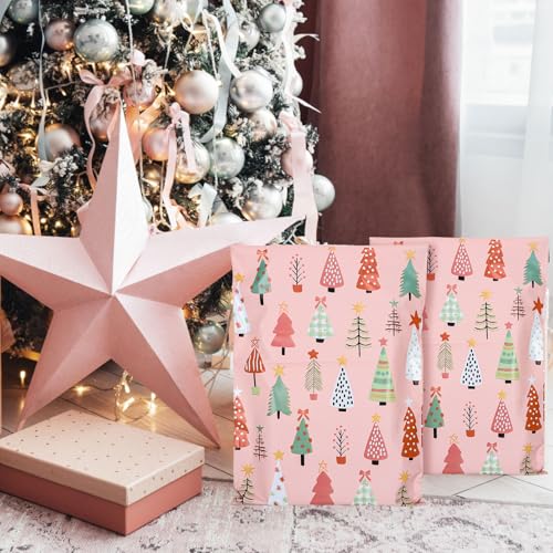 JarThenaAMCS 100Pcs Pink Christmas Poly Mailers 10 x 13 Inch Xmas Tree Packaging Bags Self Seal Mailing Envelope Bags for Winter Small Business Clothing Gift - style: pink xmas tree