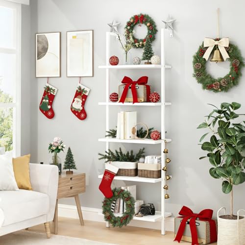 Karl home White 5 Tier Wall Mount Ladder Shelf, Metal Frame Bookcase - color: White