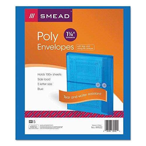 Smead Poly Envelope, 1-1/4" Expansion, String-Tie Closure, Side Load, Letter Size, Blue, 5 per Pack (89522) - color: Blue, size: 9-3/4 x 11-5/8 Inches (5-Pack)