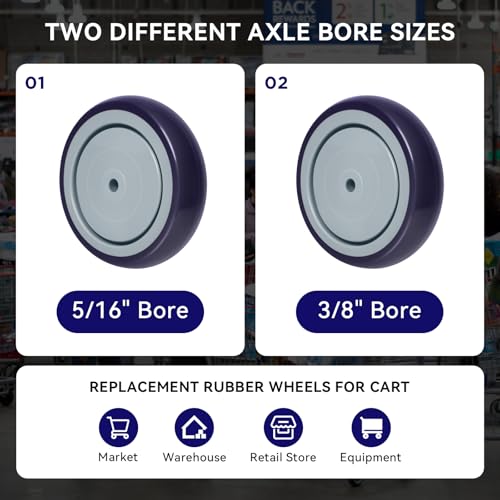 5" Wheels for Cart, 3/8" Axle Shopping Cart Wheels Replacement, Set of 4 Rubber Caster Wheels for Supermarket Grocery Retail Stores (4 Wheel,Purple) - style: Purple (3/8'' Bore)