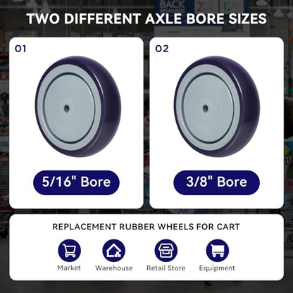 5" Wheels for Cart, 3/8" Axle Shopping Cart Wheels Replacement, Set of 4 Rubber Caster Wheels for Supermarket Grocery Retail Stores (4 Wheel,Purple) - style: Purple (3/8'' Bore)