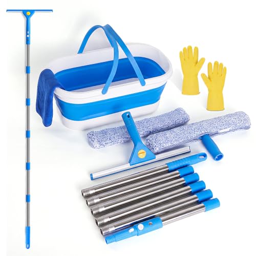 Window Cleaning Kit, Window Washing Kit with 3 Gallon Collapsible Bucket, 14-Inch Squeegee & 15-Inch Scrubber, 76-Inch Extendable Pole, Window Washing Equipment for Home & Commercial (76 inch)