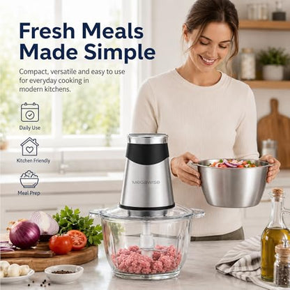 MEGAWISE 800W Electric Food Chopper, 2.2L Glass & 1.2L Stainless Bowls