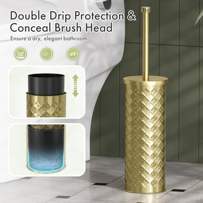Toilet Bowl Brush and Holder Set 2 Pack with 4 Extra Brush Heads (Gold) - color: Gold