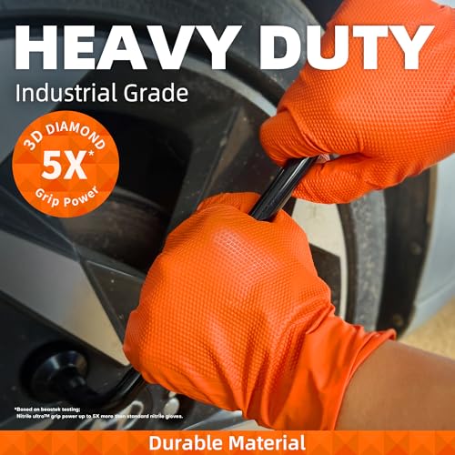 BEASTEK Nitrile Disposable Gloves, 8Mil Latex & Powder Free Chemical Resistant Heavy Duty Cooking Diamond Glove Orange 50 Pcs - color: X-large (Orange)