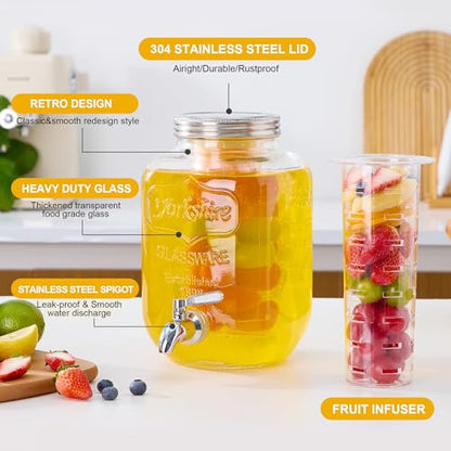 1 Gallon Glass Beverage Dispenser, Drink Dispenser With Fruit Infuser, Stainless Steel Spigot - Drink Dispensers for Parties, BBQ,Picnic,Weddings - size: 1 Gallon Single