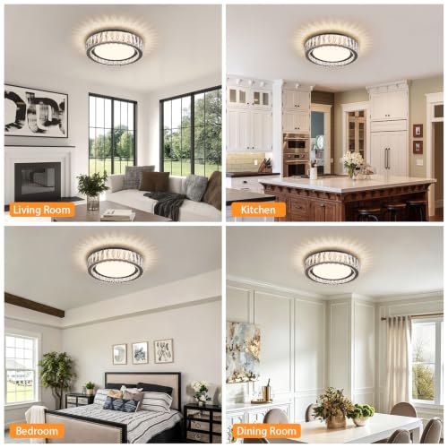 15 Inch LED Dimmable Crystal Flush Mount Ceiling Light Fixture - color: Brushed Black, size: 15 Inch