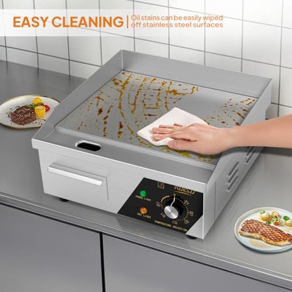 ROVSUN 14" Electric Countertop Flat Top Griddle, 1500W Electric Griddle, Teppanyaki Grill Stainless Steel with Adjustable Temperature Control 122°F-572°F for Home Restaurant Commercial - size: 14"