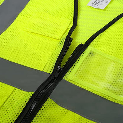 5 Pockets High Visibility Reflective Safety Vest,Zipper Front, Meets ANSI/ISEA Standards - color: Yellow-mesh, size: Medium