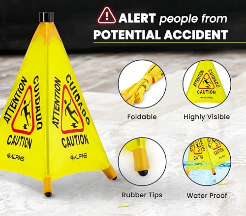 Alpine Caution Wet Floor Sign 3 Pack - Pop Up Slippery When Wet Sign, Wall Mounted Foldable Bilingual Yellow Safety Warning Caution Cone for Commercial & Office Use (20 Inches) - size: 3-Pack