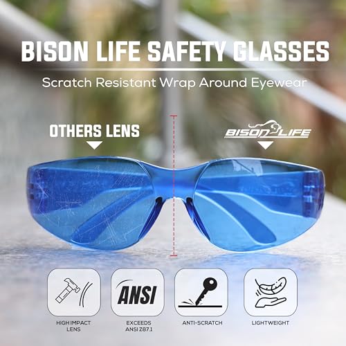 BISON LIFE Blue Safety Glasses for Men & Women, Bulk, ANSI Z87.1, 12 Pack - color: Blue/Blue