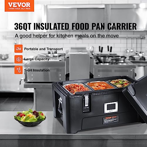 VEVOR Insulated Food Pan Carrier, 36Qt Capacity, Stackable Hot Box for Catering w/ 3 Stainless Steel Pans, Top Load LLDPE Food Warmer w/Elastic Side Handles and Buckles, for Restaurant Canteen, Black - size: 36 Qt (25" x 17.1" x 12.4")