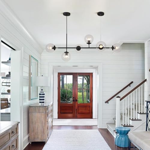 KCO 6-Light Black Linear Sputnik Chandelier Clear Glass Globe Pendant Light - color: Black+Clear