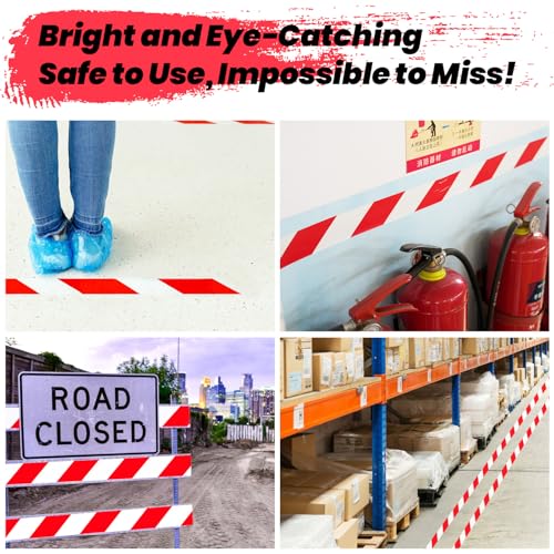 ADHES Hazard Tape Safety Warning Red White Stripe PVC Self Adhesive - color: red and white, size: 2in x 18yd