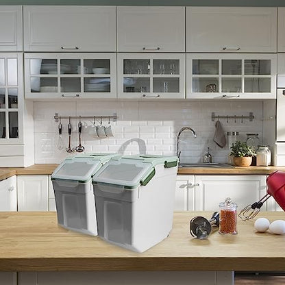 Rice Storage Container 25 lbs, 2 Packs Large Flour Storage Containers with Seal Locking Lid & Wheels, BPA Free Rice Dispenser, Measuring Cup | Scoop, for Sugar Cereal Dry Food -Green - color: 2Pcs 25LB Green