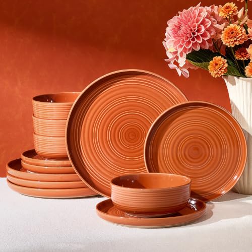Ceramic Dinnerware Set for 4, Plates and Bowls, Terracotta - color: Terracotta, size: Service for 4 (12 pcs)