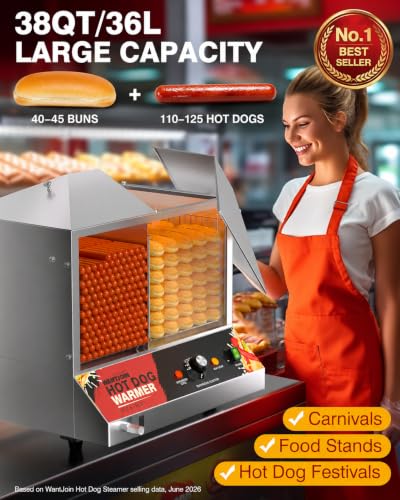 WantJoin Hot Dog Steamer Machine, 36L/38QT Electric Hot Dog Steamer with Bun Warmer, Stainless Steel Hot Dog Cabinet with Tempered Glass for 110-125 Sausages & 40-45 Buns,1200W - color: Silver, size: 38QT
