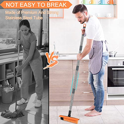 2 in 1 Floor Brush Scrubber with Long Handle Telescopic 3 Poles 61.8'' Grout Brush Scrape Stiff Bristle Cleaning Scrub Brush with Squeegee 180°Rotating Tile Brush for Cleaning Bathroom Glass Patio - color: Dark Orange Extended Pole