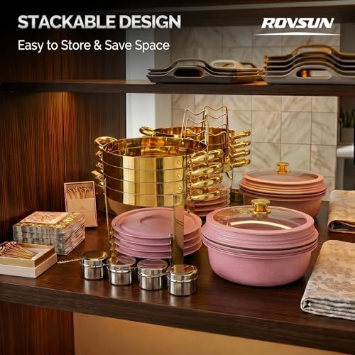 ROVSUN 6QT Chafing Dishes for Buffet 4 Pack, [Game Changer Maifanite-Coated] Chafing Dish Buffet Set, [Unique Pink & Gold Color] Chafers and Buffet Warmers Sets with Lid Holder for Party Wedding - color: Pink-gold