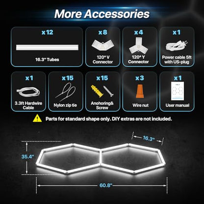 HYPERLITE Gen II Hexagon Garage Lights: 77W 7700LM 2 Grids DIY Hexagon Led Light, 6500K Ultra Bright Honeycomb Hex Lights, Easy Install, Durable Design for Garage, Shop, Basement, Barber, Homegym - size: 2 HEX