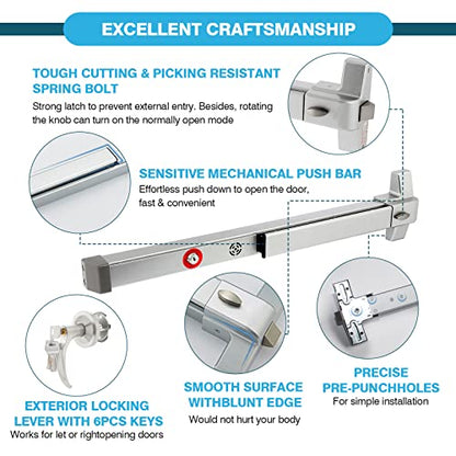 IRONWALLS 27.5" Push Bar Panic Exit Device with Alarm & Exterior Lever - color: Silver, size: 27.5 Inch