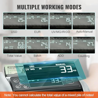 VEVOR Money Counter Machine, Bill Counter with UV/MG/IR/DD/DBL/HLF/CHN Counterfeit Detection, Counting/Value Count/Add/Batch Modes, USD/EUR Money Counting Machine with LCD Display for Small Business - size: 9.6*11*6.2"