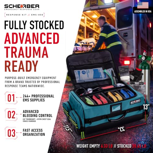 Scherber Fully-Stocked Premium First Responder Bag | HSA/FSA Approved | Large Pro EMT/EMS Trauma, Bleeding & Oxygen Medical Kit | CAT Tourniquet, HyFin Chest Seal & 250+ First Aid Supplies (Blue) - color: Blue